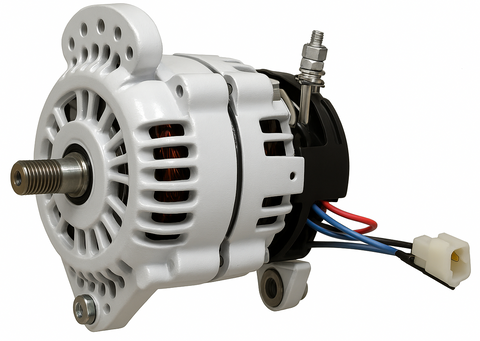 Balmar 60 Series 24V 70A white powder-coated alternator with saddle mount and pulley-free threaded shaft