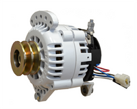 Balmar 60 Series 24V 70A alternator with white powder-coated casing, dual v-belt pulley and 4-inch saddle mount