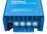Bottom view of Victron Centaur charger showing cable entry points and mounting flange