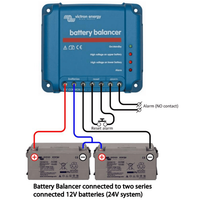 Technical wiring diagram for a Battery Balancer in a 24V system with two series batteries