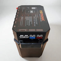 Side view of battery box with colour-coded Anderson plug inputs and outputs