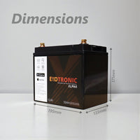 Dimensional diagram of 50Ah battery showing 195mm length 133mm width and 171mm height