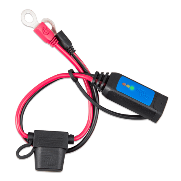 Battery indicator eyelet cable showing protected inline fuse and status display