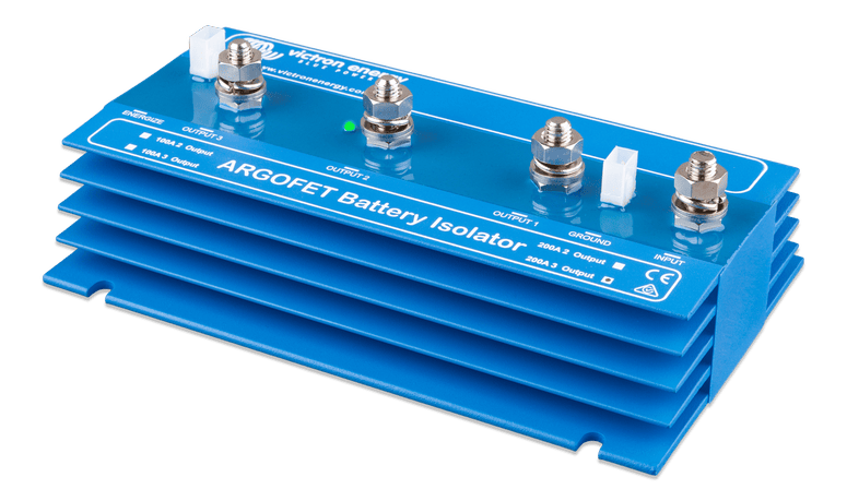 Side angled view of the Victron Argo FET battery isolator showing blue finned housing