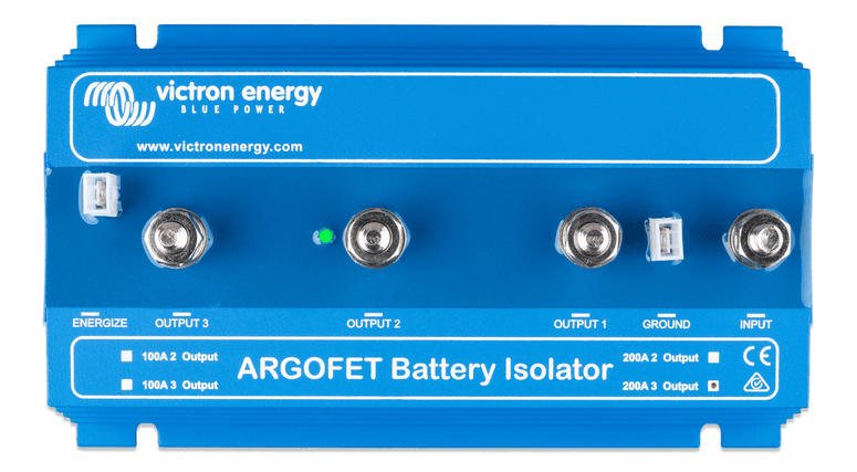 Top down view of the battery isolator labels and input output terminal positions