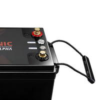 Angled close-up of M8 battery terminals and stainless steel power and alarm indicators