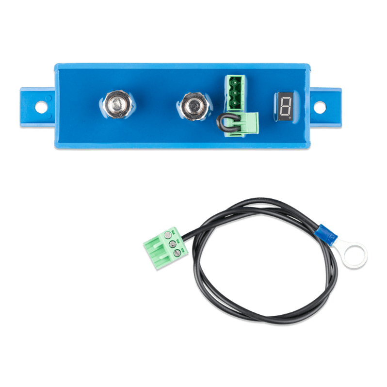 Top-down view of the Battery Protect 100A unit and the included terminal cable