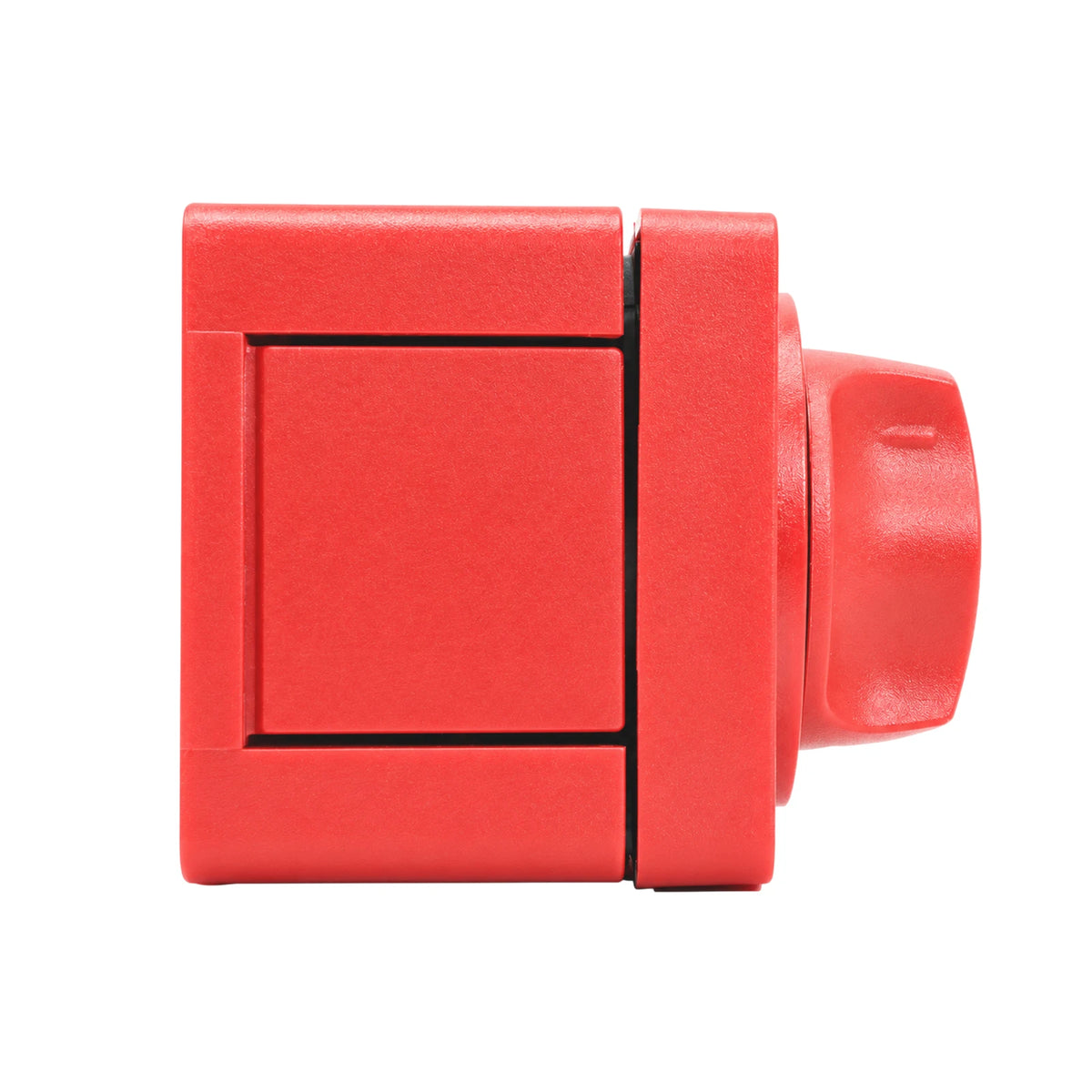 Side view of the square red battery switch enclosure