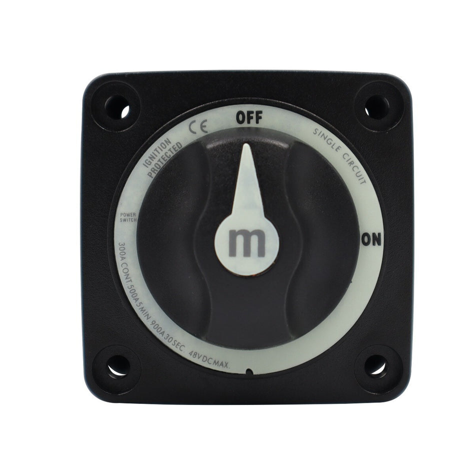 Front view of black battery switch faceplate showing ON OFF position indicators and amperage ratings