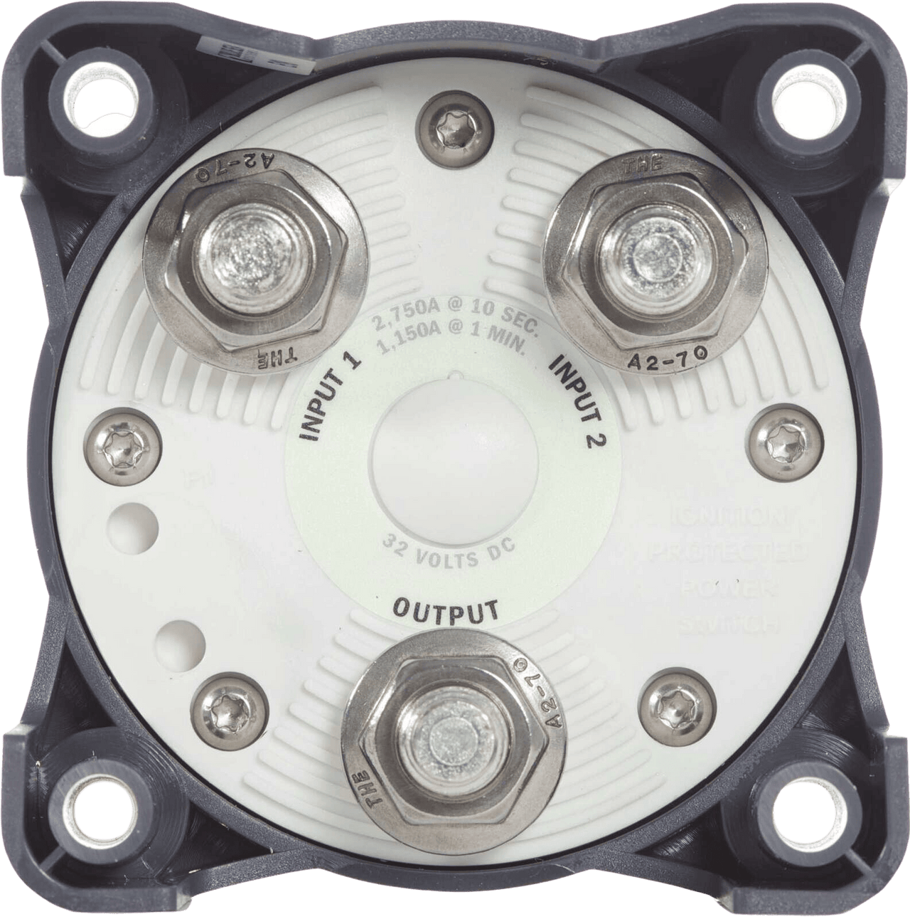 Rear connection interface showing large tinned copper studs for battery inputs and output