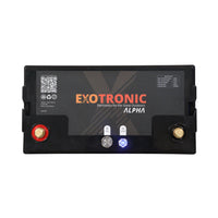 Top-down technical view of battery interface with terminals and control buttons