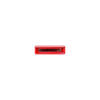 Top-down view of a red blade fuse focusing on the transparent inspection window