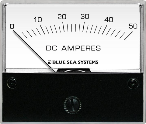 Front view of an analog 0-50A DC ammeter with a white face and black scale