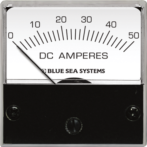 Front view of an analogue DC micro ammeter with a 0 to 50 Ampere scale
