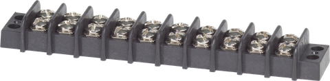 10-circuit terminal block with insulated black base and 20A rated silver screw terminals