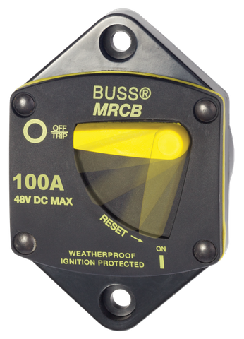 Front view of Blue Sea 100A panel mount circuit breaker with a high-visibility yellow manual reset lever