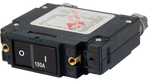Blue Sea 100A single-pole flat rocker circuit breaker showing front switch and rear terminal studs