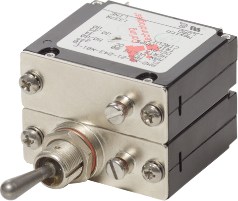 Blue Sea 10A A2 toggle circuit breaker with silver metal toggle and mounting faceplate