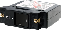 10A single-pole flat rocker circuit breaker with brass terminal inserts and clear rating markings