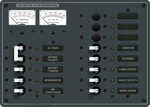 Blue Sea AC distribution panel with 230V 16A main breaker, 11 positions, and analog volt and amp meters