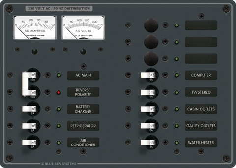 Blue Sea AC distribution panel with 230V 16A main breaker, 11 positions, and analog volt and amp meters