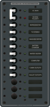 11-position AC distribution panel with 16A main breaker and backlit circuit labels