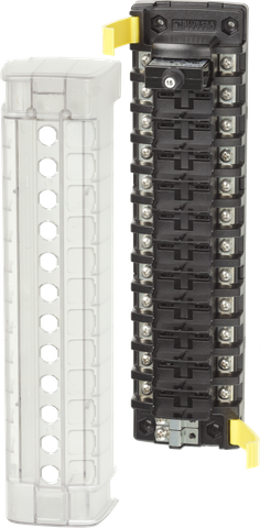 Blue Sea 12-position circuit breaker block with clear insulating cover and yellow mounting clips