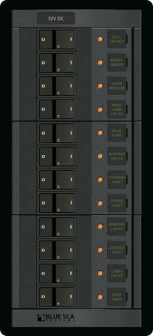 12-position 12V DC circuit breaker distribution panel with labelled rocker switches and LED indicators