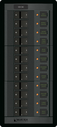 12-position 12V DC circuit breaker distribution panel with labelled rocker switches and LED indicators