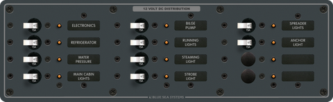 Blue Sea 12-position DC distribution panel with toggle switches, status LEDs and backlit circuit labels