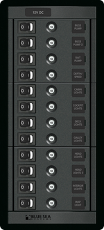 12-way vertical marine distribution panel featuring 10A push-button circuit breakers and rocker switches