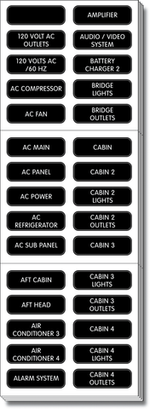 Sheet of 120 black adhesive labels with white text for marine and RV AC electrical panels