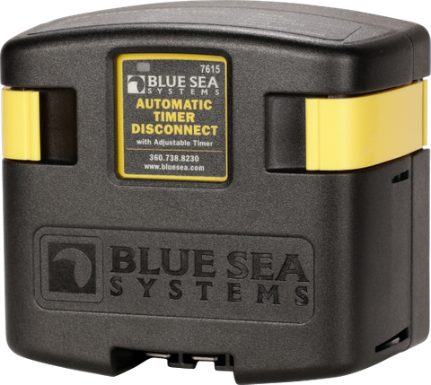Blue Sea 12V 120A automatic timer disconnect solenoid relay with black housing and yellow latches