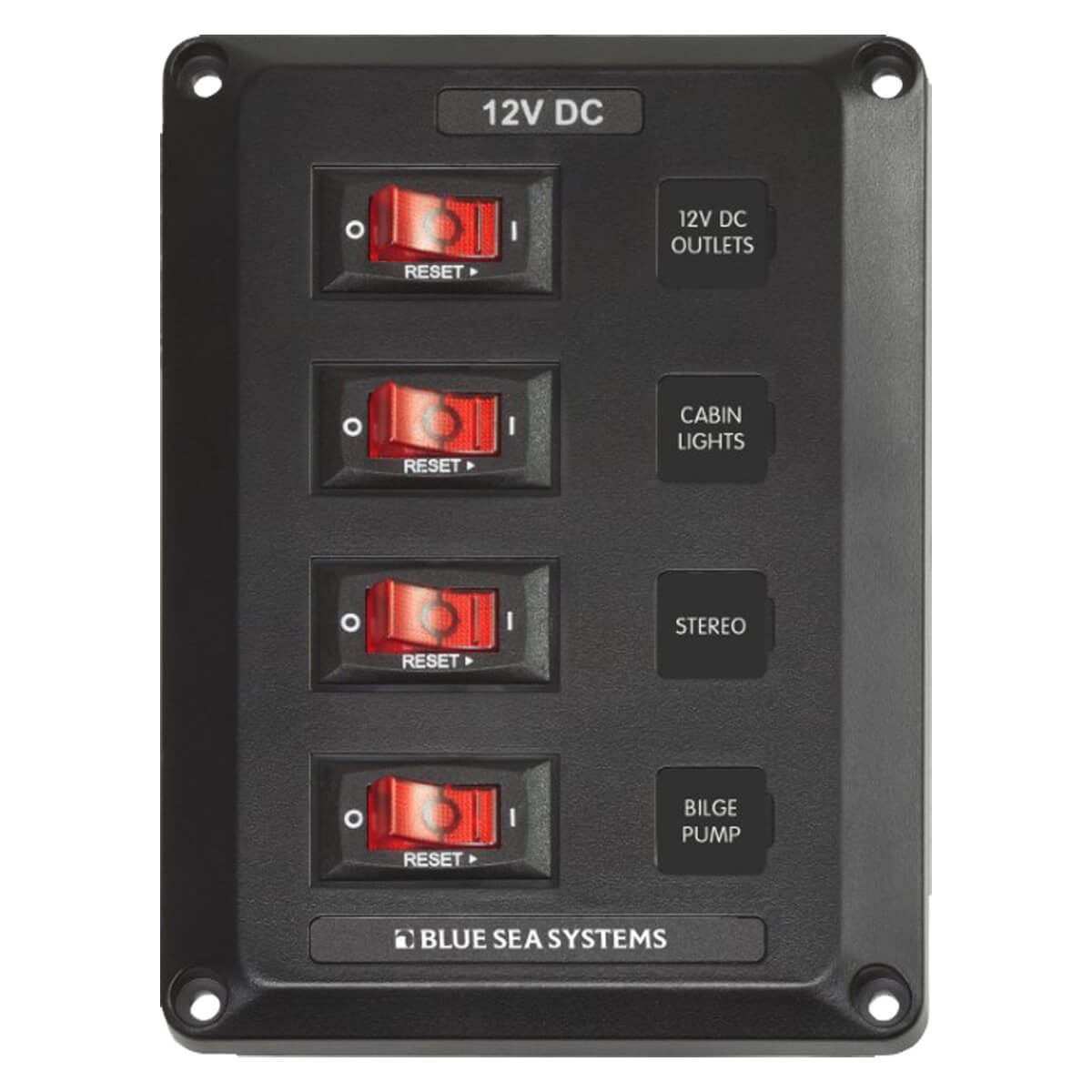 Front view of a black 4-position 12V DC circuit breaker panel with red rocker switches and labels