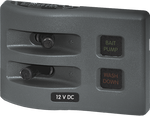 Gray 2-circuit marine fuse panel with backlit labels for bait pump and wash down showing LED status indicators