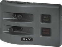 Gray 2-circuit marine fuse panel with backlit labels for bait pump and wash down showing LED status indicators