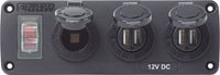 12V accessory panel featuring a rocker switch, 12V power socket and four USB charging ports