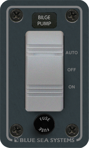 Front view of Blue Sea Contura fused bilge pump switch panel with Auto, Off, and On settings