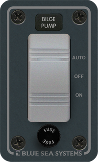 Front view of Blue Sea Contura fused bilge pump switch panel with Auto, Off, and On settings