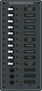 Blue Sea 13-position 230V AC distribution panel with 10 fitted 8A circuit breakers and LED indicators