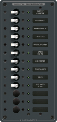 Blue Sea 13-position 230V AC distribution panel with 10 fitted 8A circuit breakers and LED indicators
