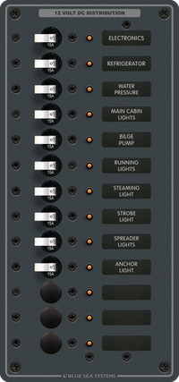 Blue Sea 13 position 12V DC distribution panel with toggles, backlit labels and LED indicators