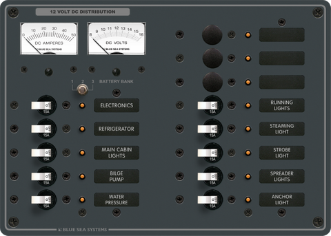 13-position DC electrical distribution panel with analog volt and ammeters and battery bank selector switch