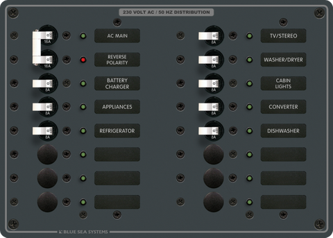 14-position 230V AC 16A electrical distribution panel with breakers and backlit circuit labels