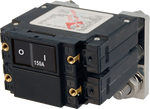 150A double pole flat rocker circuit breaker with black actuator and rear stud terminals