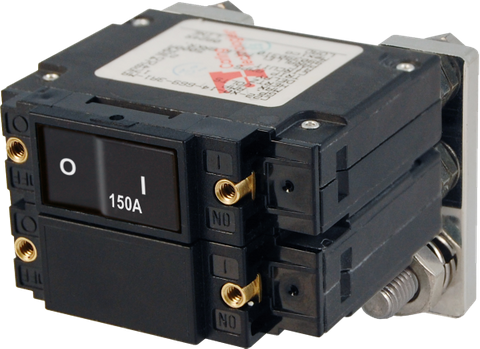150A double pole flat rocker circuit breaker with black actuator and rear stud terminals