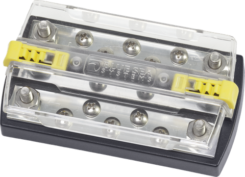 Blue Sea 150A dual busbar with 5 terminals, 1/4 inch studs and clear polycarbonate cover with yellow clips
