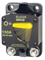 Front view of 150A surface mount thermal circuit breaker with yellow manual reset lever and stainless terminal studs