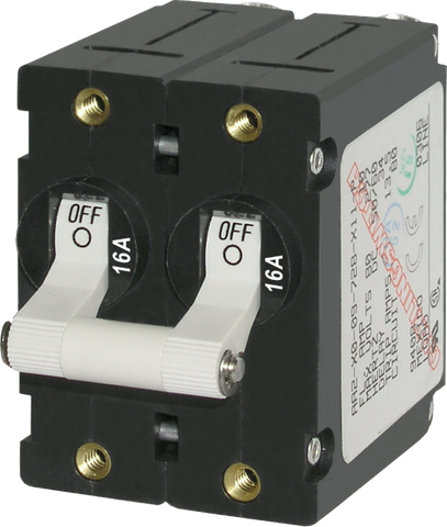 White double-pole 16A toggle circuit breaker with black housing and side certification label