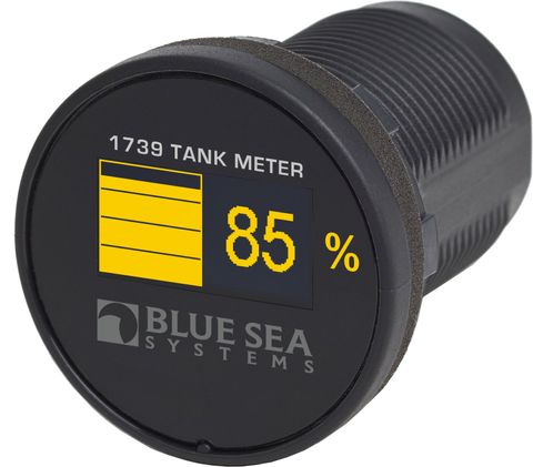 Circular tank level meter with high contrast yellow OLED display showing 85 percent and level bar graph